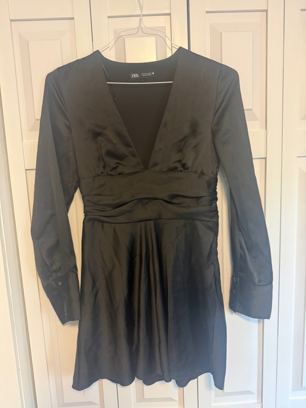 Zara Black Satin V-Neck Long Sleeve Mini Dress